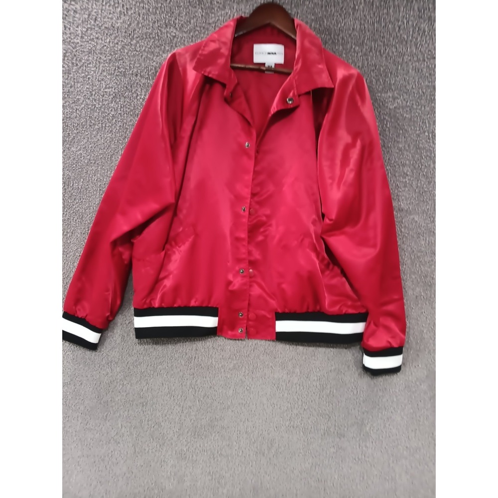 Fashion Nova Men Coach/Bomber Jacket Men's M Red Satin Snap Front Striped Rib Tr
